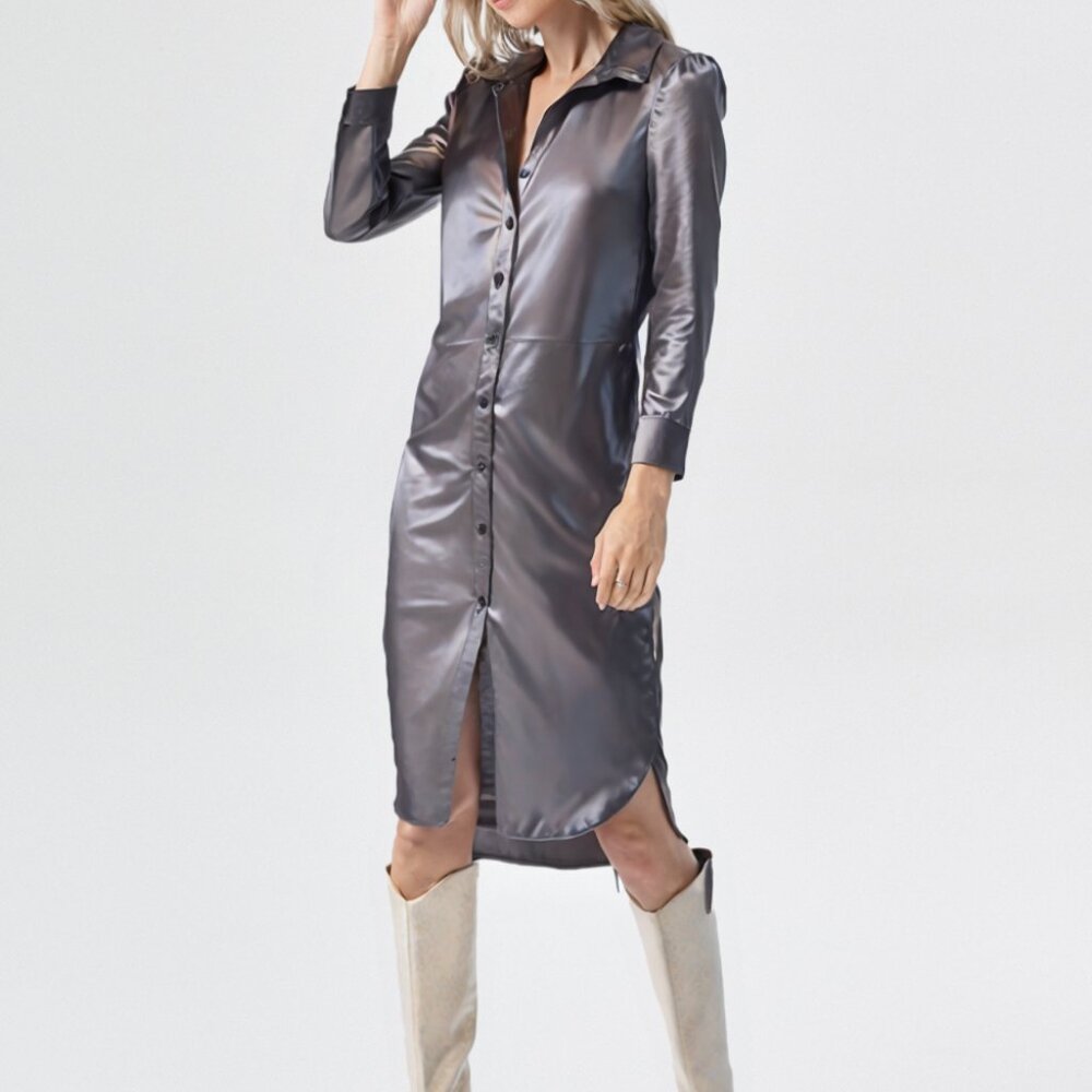 Silver Short Shirt Dress Button Down Long Sleeve Ruched Silky Drawstring sz L